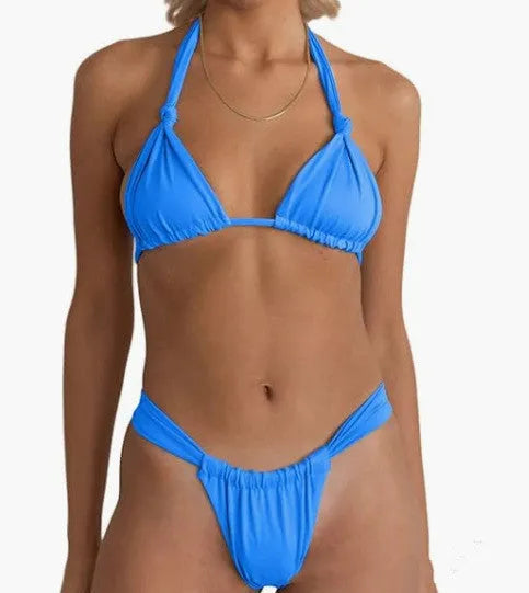 Women's pink bikini with pleated split straps tied in a knot, showing the briefs style.