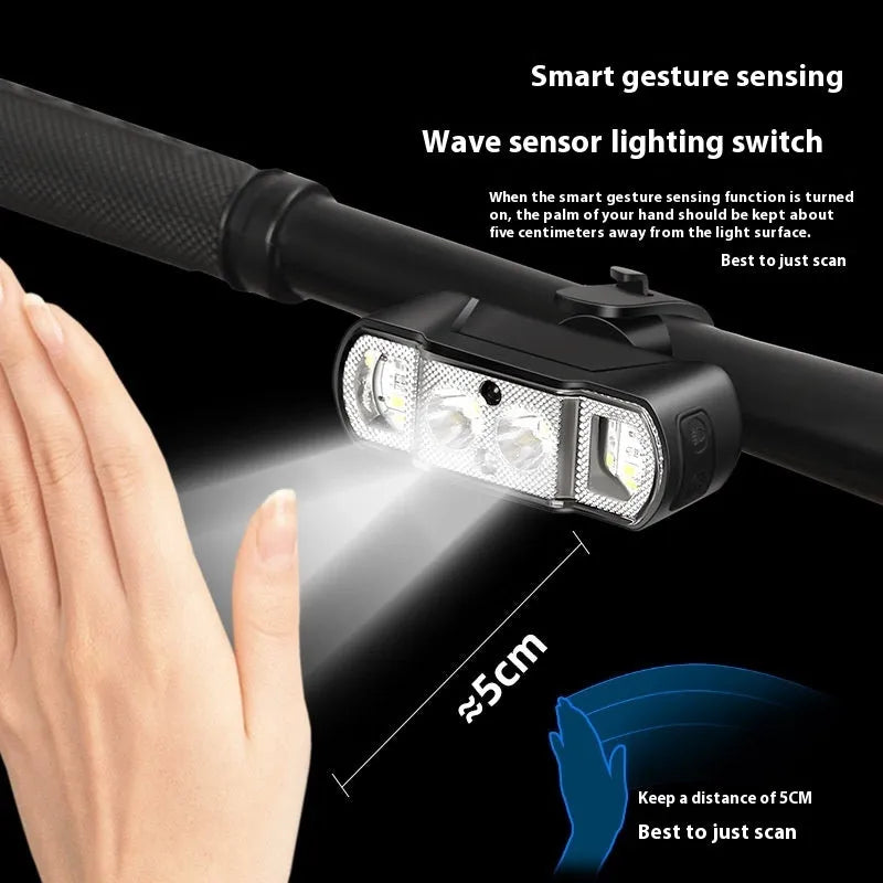 Black bicycle headlight with ABS housing, XPG-LED, and wave induction feature, 350 lumens output