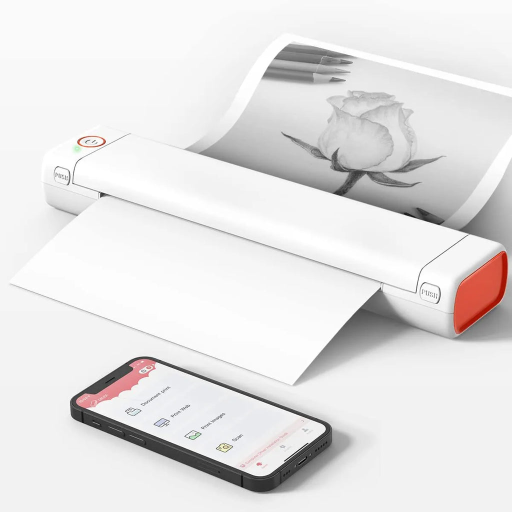 Phomemo M08F A4 portable thermal printer in white with Bluetooth and USB connectivity