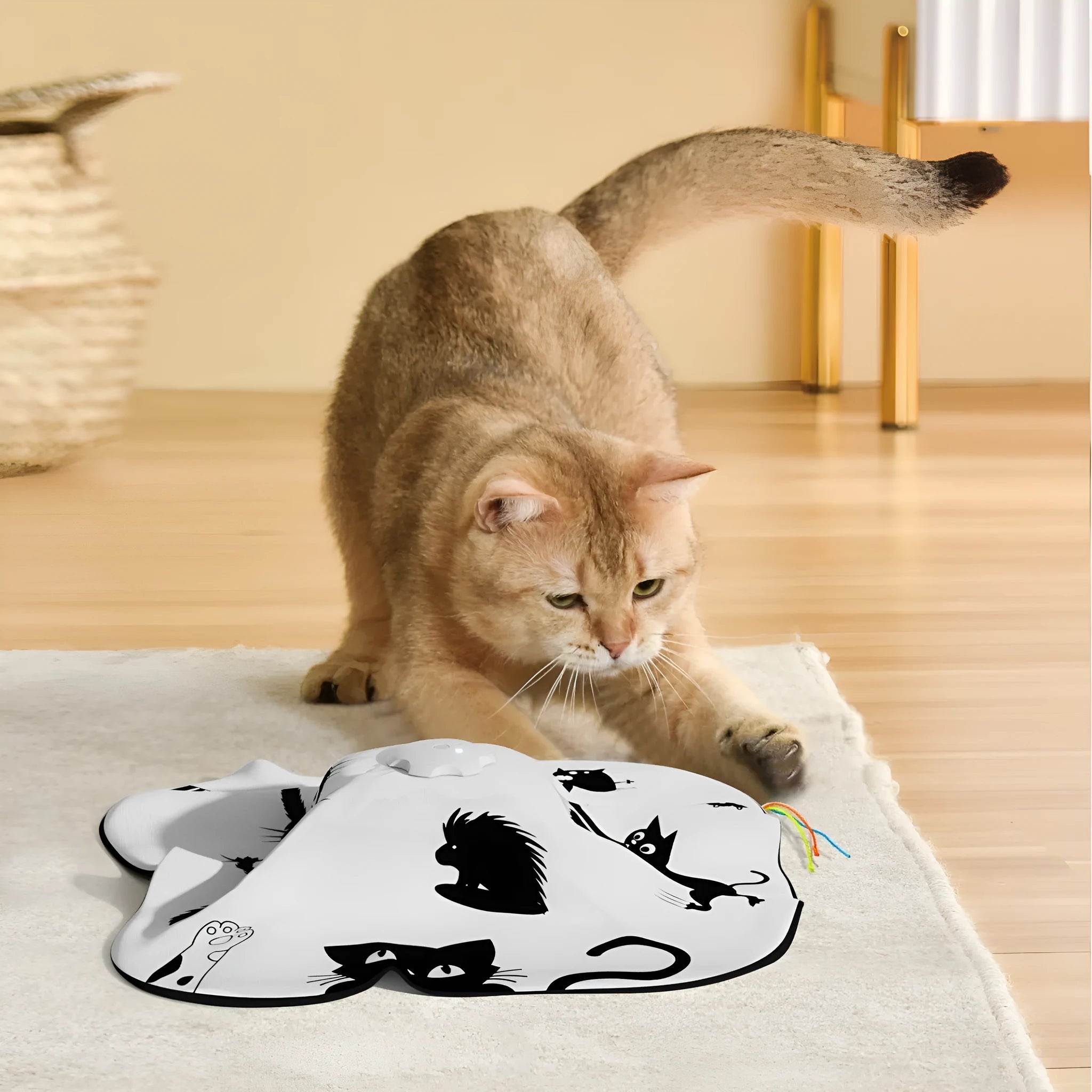Automatic self-playing cat teaser toy in pictured colour, dimensions 19.8 by 11.5 by 19.5 cm.