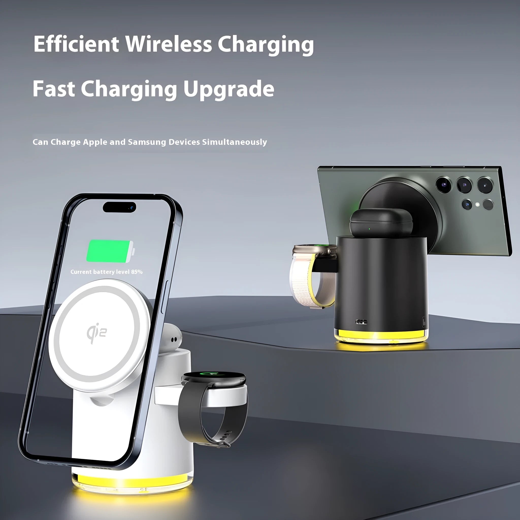 C16 magnetic three-in-one wireless folding charger in black or ivory white colour charging phone, watch and earphones