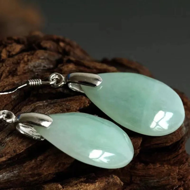 Natural Hetian Water Drop Female Jade Eardrop Earrings Alloy Studs Fashion Commuter Gray White Emerald