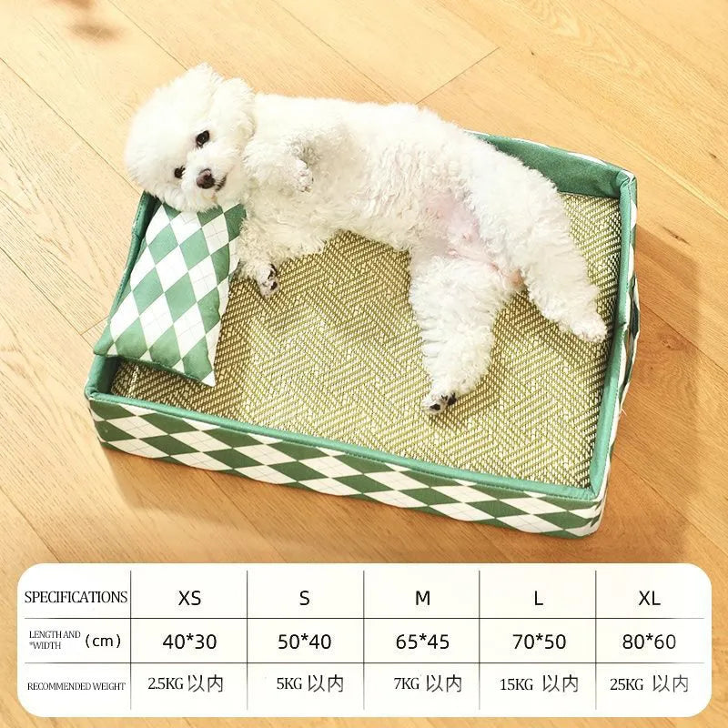 Blue woven rattan cat mat on a wooden floor, showing size scale compared to a cat.