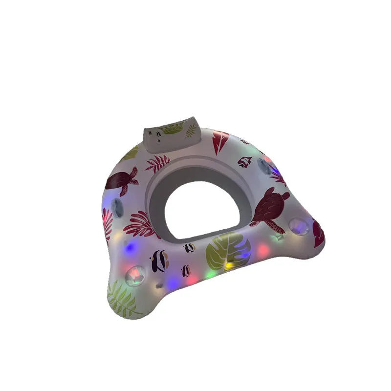 White luminous U-shaped inflatable float showing 120cm dimensions and seat design
