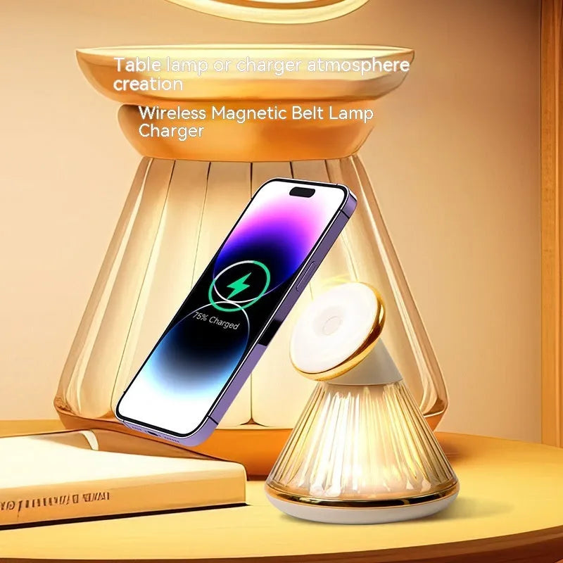 Night table lamp with magnetic wireless charger base in champagne gold, showing Type-C port and adjustable brightness controls