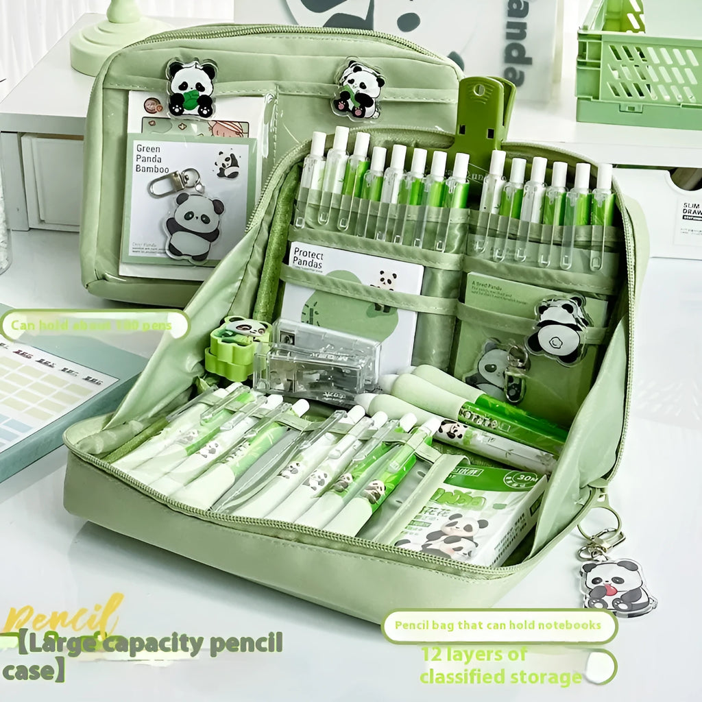 Green 12-layer canvas pencil case with panda motif and open layers showing pen storage