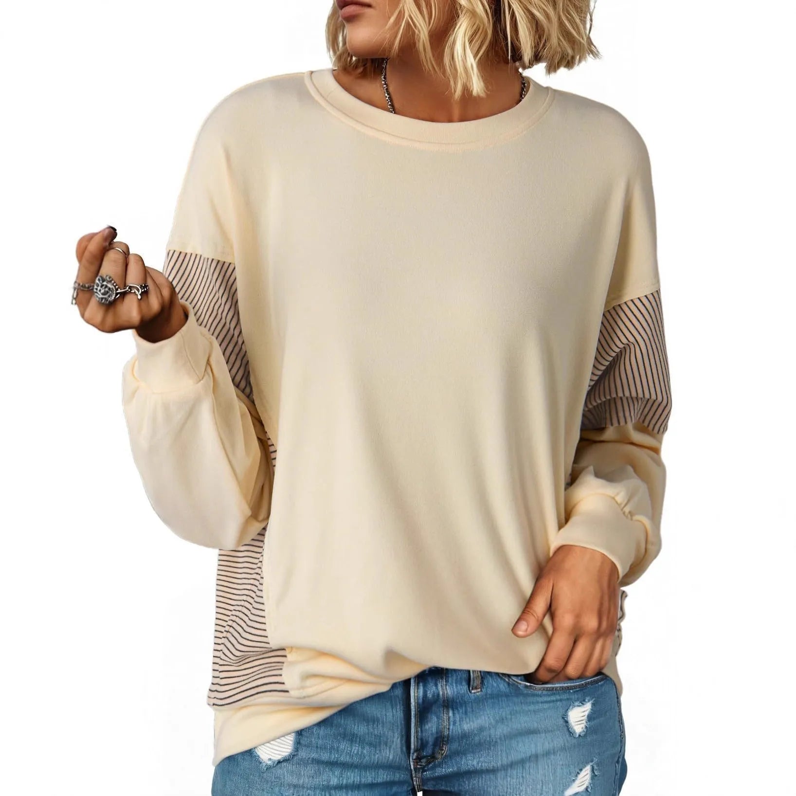 Striped colour-blocked round neck long-sleeved pullover sweatshirt in polyester, available in multiple colours and sizes S-XXL