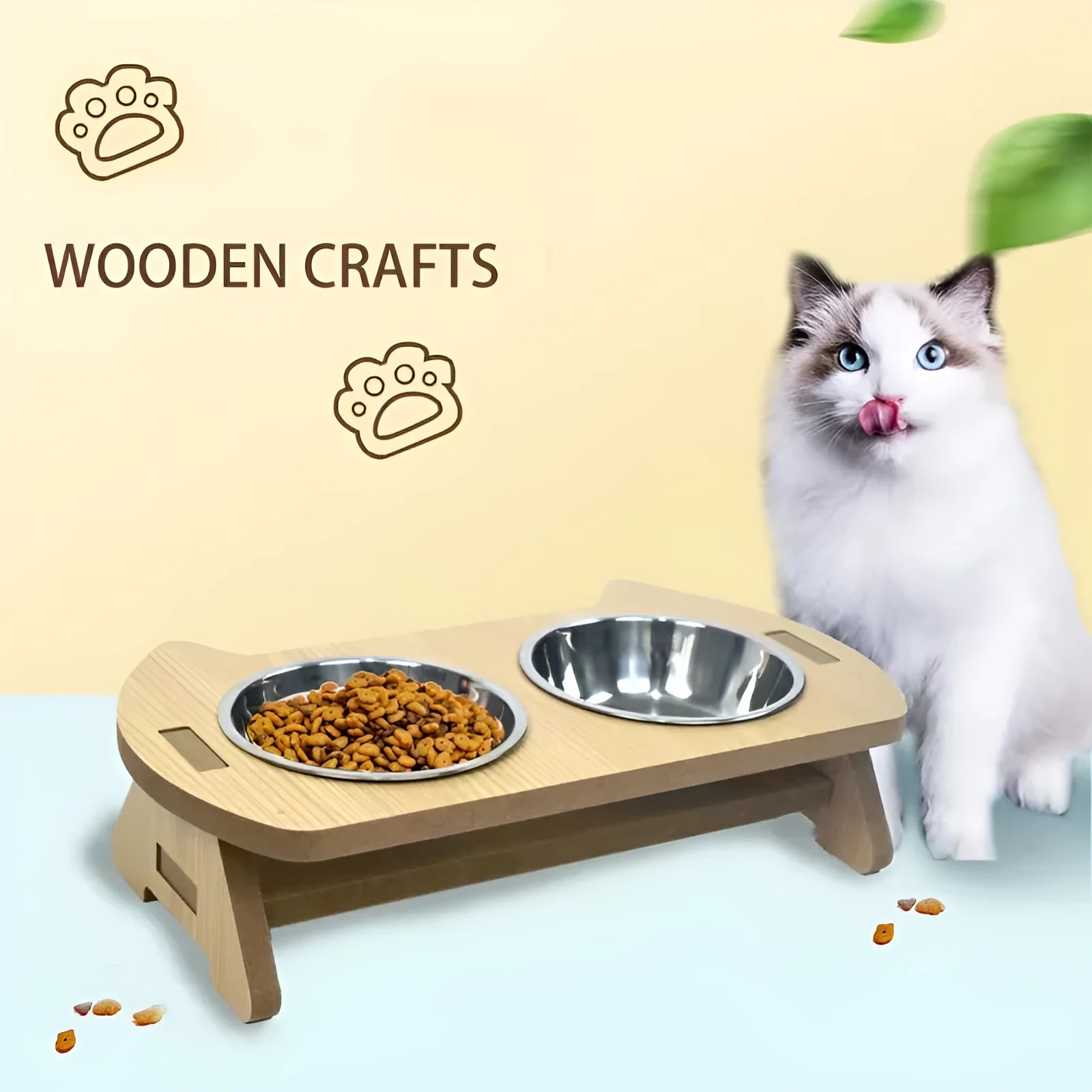 Wooden cat bowl feeder with two stainless steel bowls, anti-overturning base, raised design for neck protection