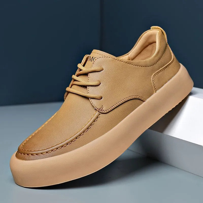Men's casual lace-up shoes in brown artificial PU leather with flat heel and round toe