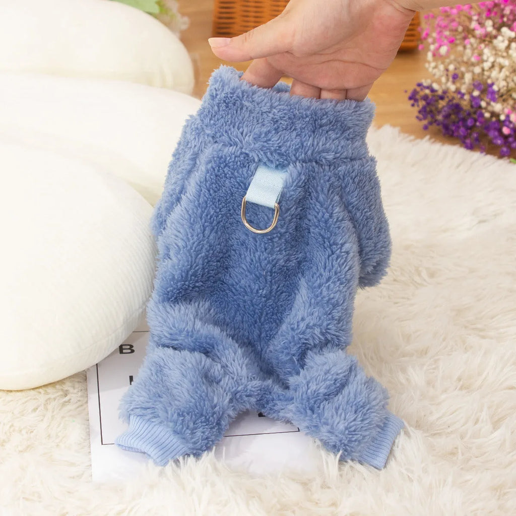 Blue four-legged dog coat made of thick plush cotton velvet with a high collar and towing ring.