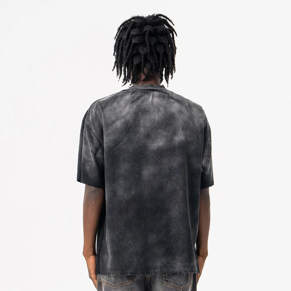 Black men's loose fit cotton T-shirt with printed letters and drop-shoulder sleeves