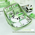 Green 12-layer canvas pencil case with panda motif and open layers showing pen storage