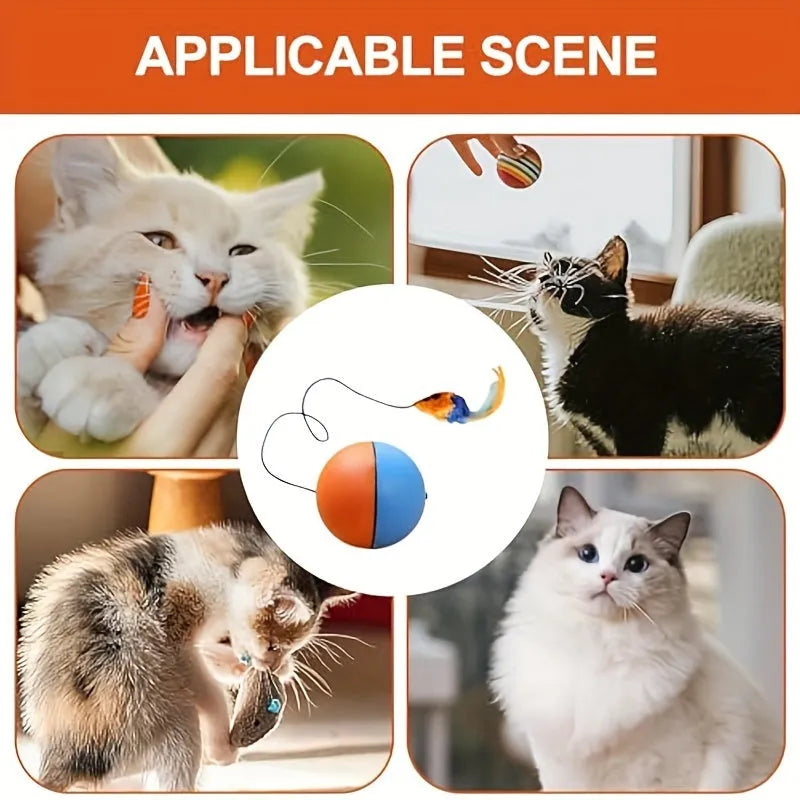 Blue and orange plush cat toy ball with grey mouse attachment measuring 8.5cm