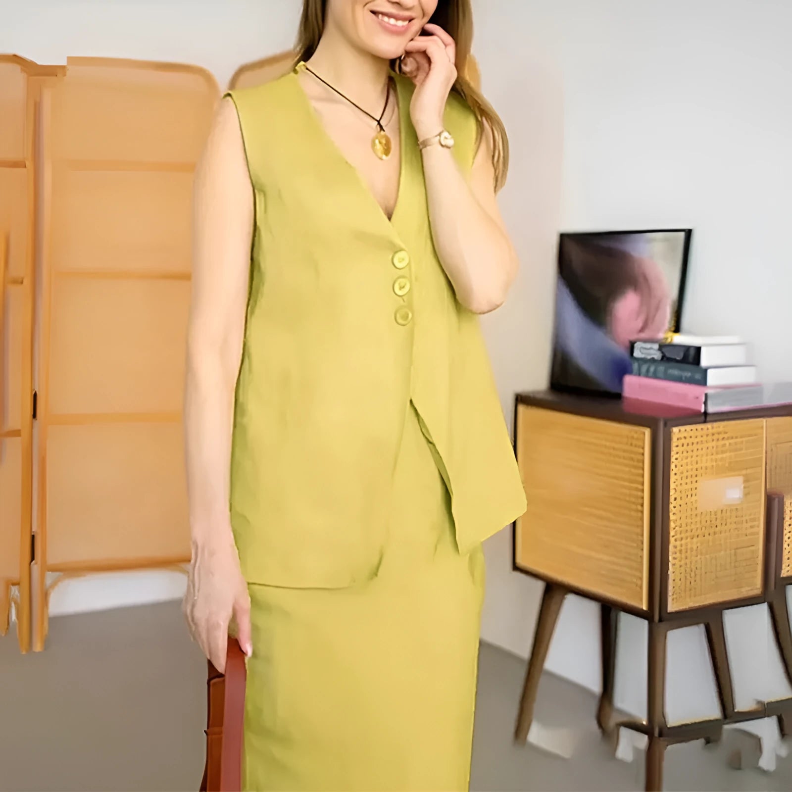 Blue loose-fitting sleeveless vest and long skirt two-piece casual suit set on a model