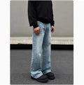 Men's retro blue whisker washed straight jeans with medium-high waist and visible stitching