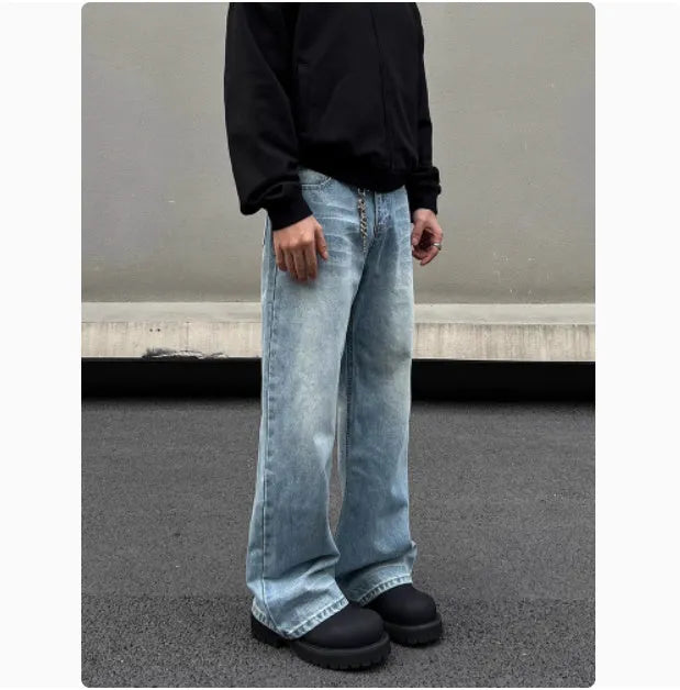Men's retro blue whisker washed straight jeans with medium-high waist and visible stitching