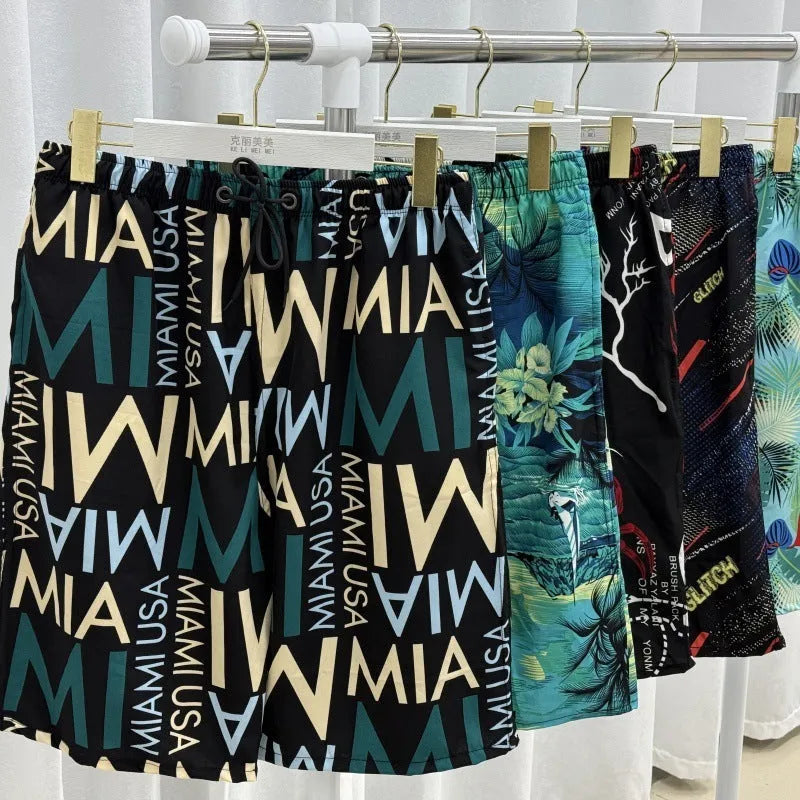 Men's loose casual summer beach pants with ice silk quick-dry fabric, striped and floral patterns, free size 55-95kg
