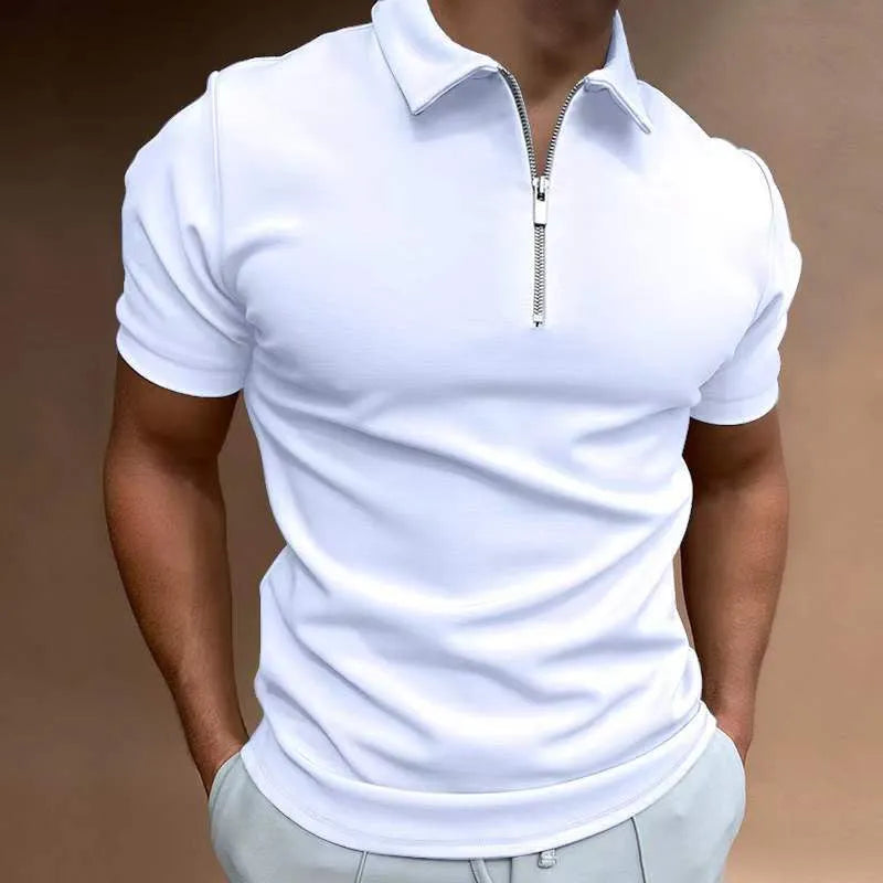 Men's casual short sleeve digital print POLO shirt in navy, loose fit, polyester fabric, front view