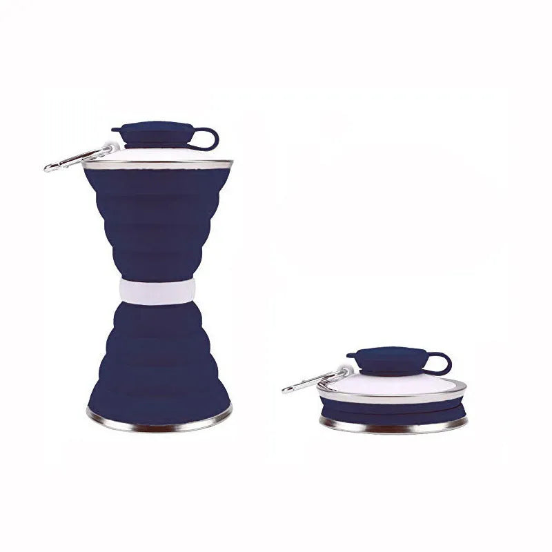 500ml collapsible silicone water bottle in light green, folded and unfolded, with connective rope