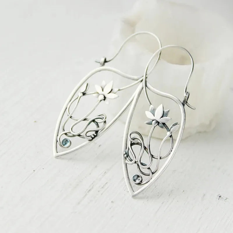 Silver electroplated alloy rhinestone lotus vine flower geometric earrings for women