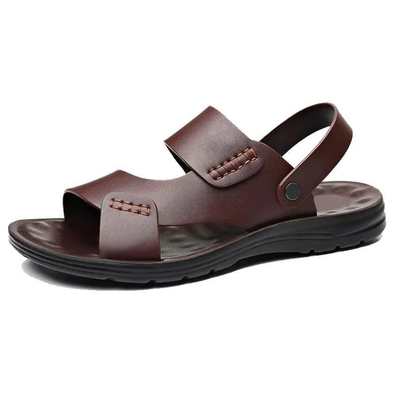 Men's brown casual waterproof plastic beach sandals on a sandy surface