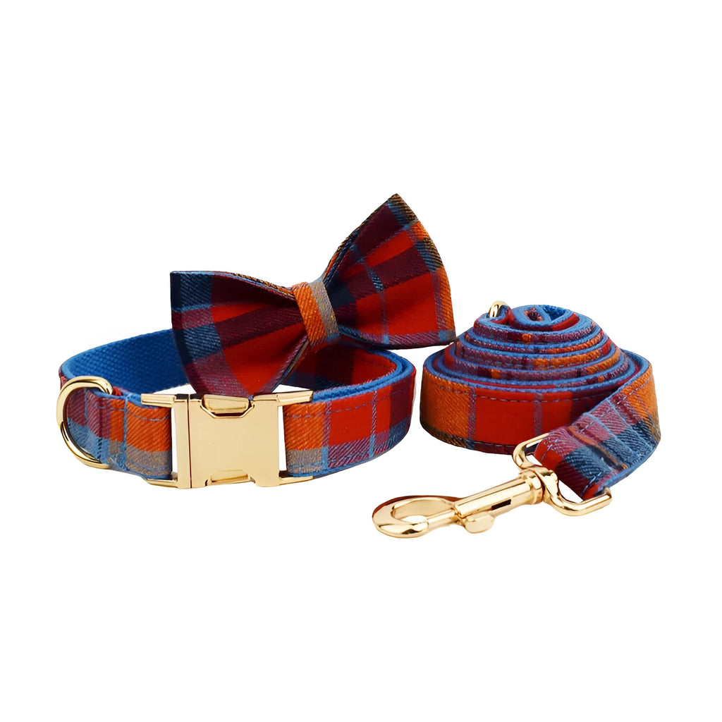 Blue velvet plaid dog collar and hand-holding rope set with bow on a blue background showing sizes XS to XL