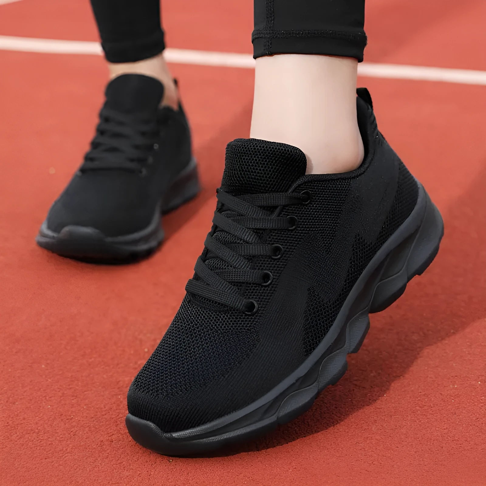 All black women's lightweight mesh sneakers with wedge heel and front lace-up design
