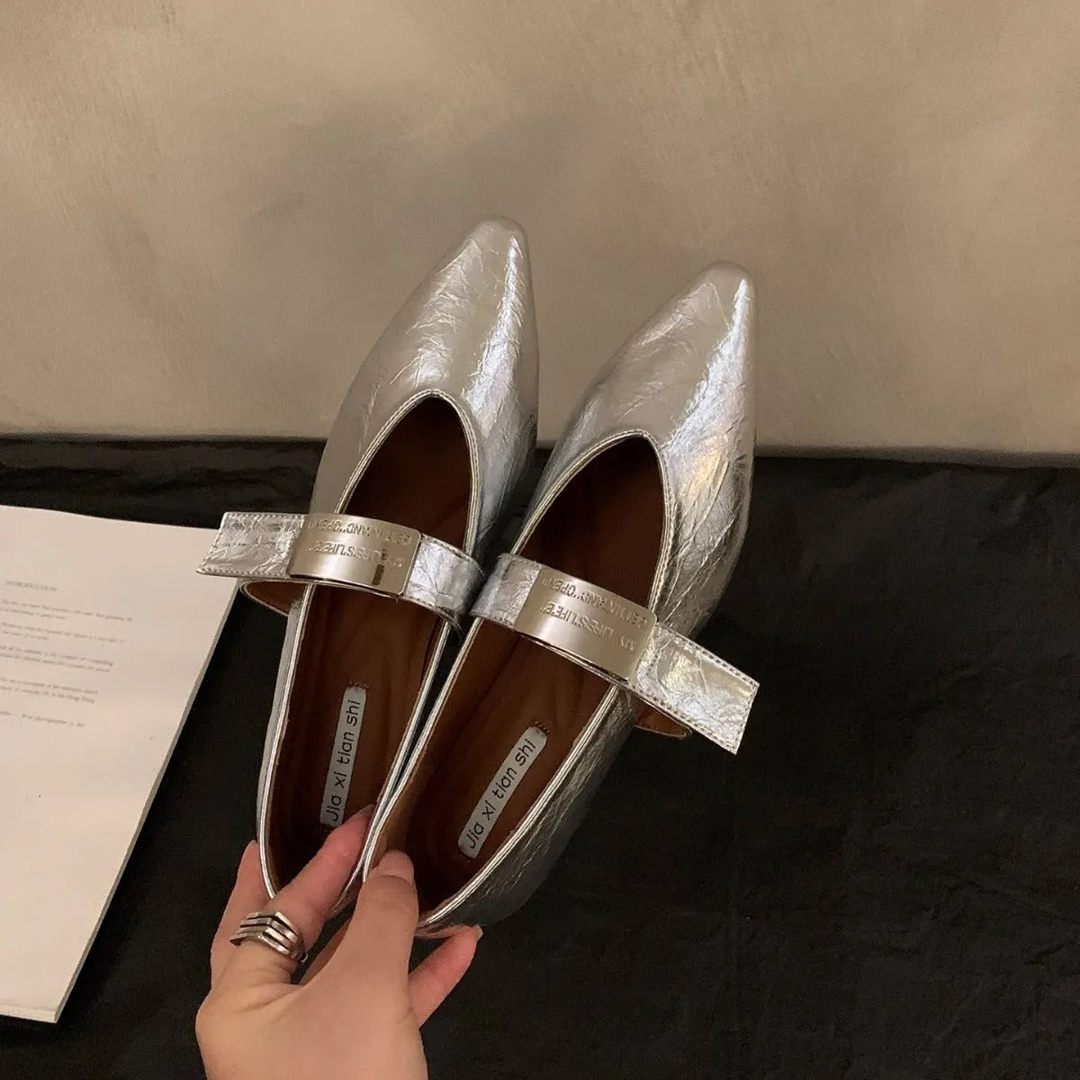 Women's pointed toe silver Mary Jane shoes with low heel, buckle closure, in black or wine red, sizes 35-40