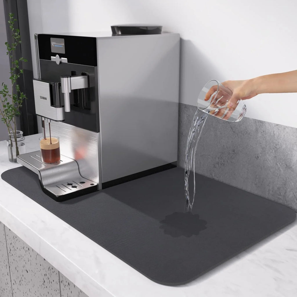Super absorbent dish drying mat with PU leather surface and non-slip rubber backing, 30x40cm size in black