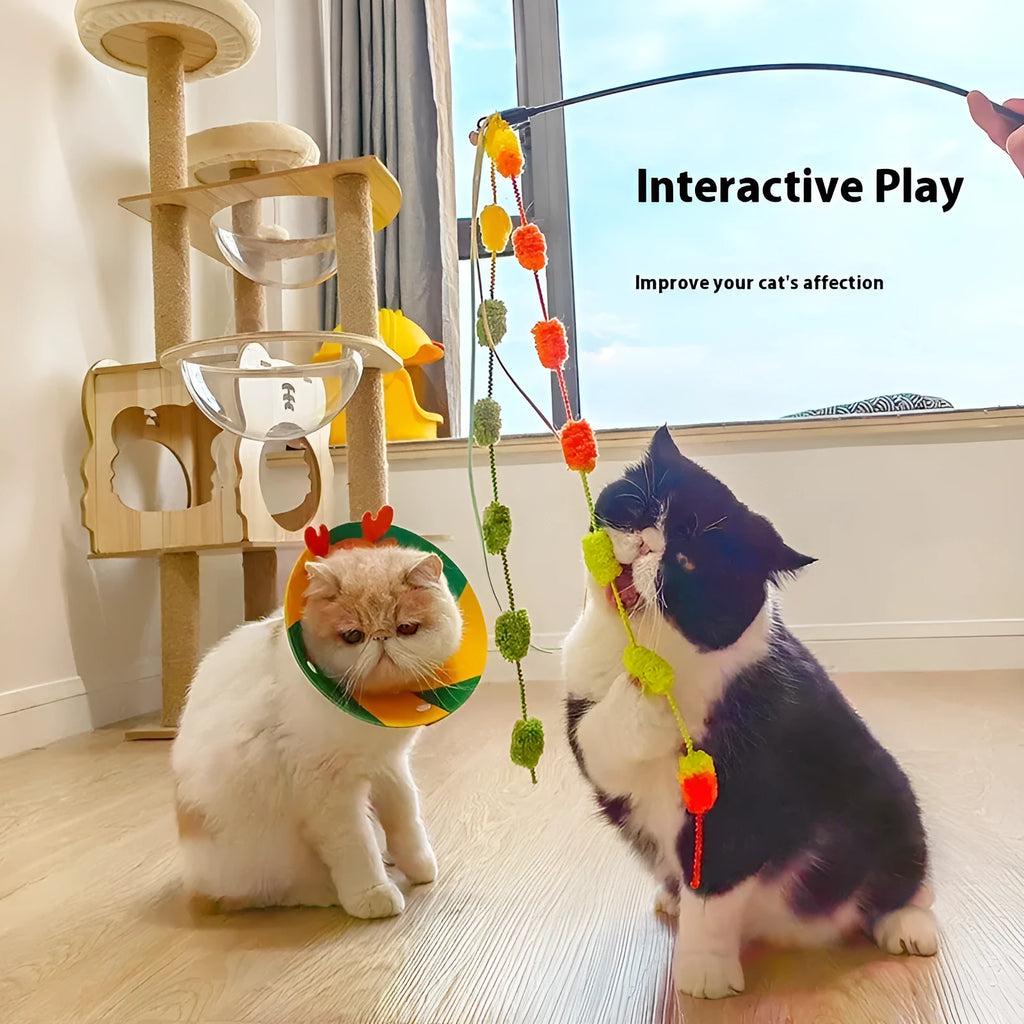 Rainbow cotton candy cat teaser with tassel and bell on lengthening bar, bite-resistant plush toy for indoor play
