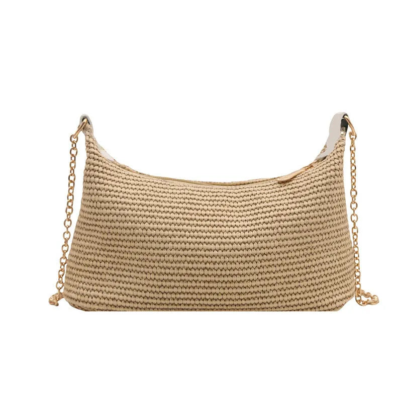 Women's woven straw crossbody bag in horizontal square shape with phone pocket, khaki colour