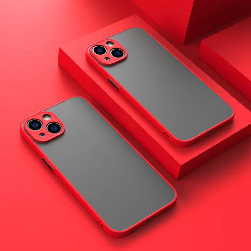 Frosted hard protective phone case for iPhone in black, green, or blue, showing full camera lens coverage.