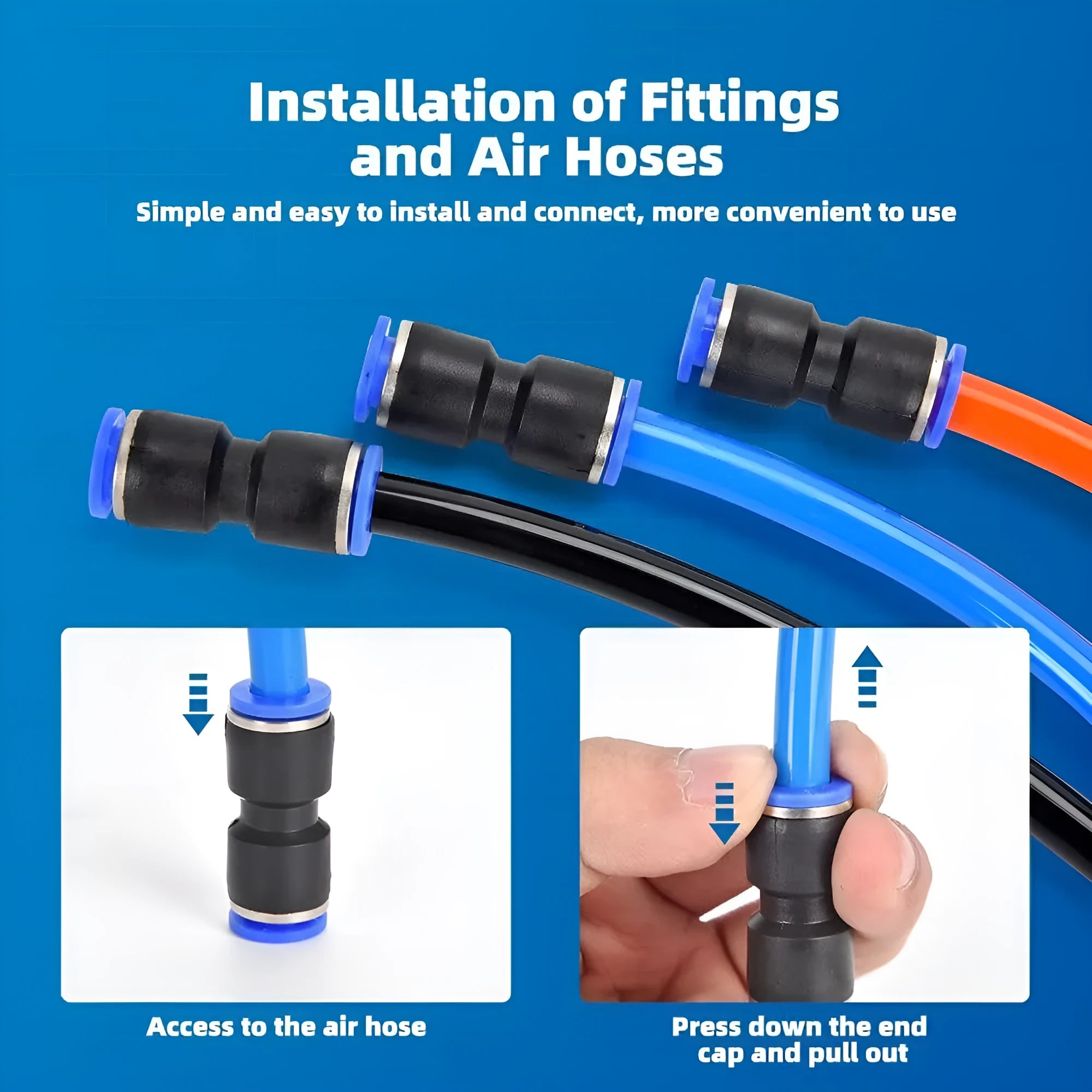 60-piece assortment of grey alloy plastic pneumatic push-in connectors with R1/4 and R1/2 threads