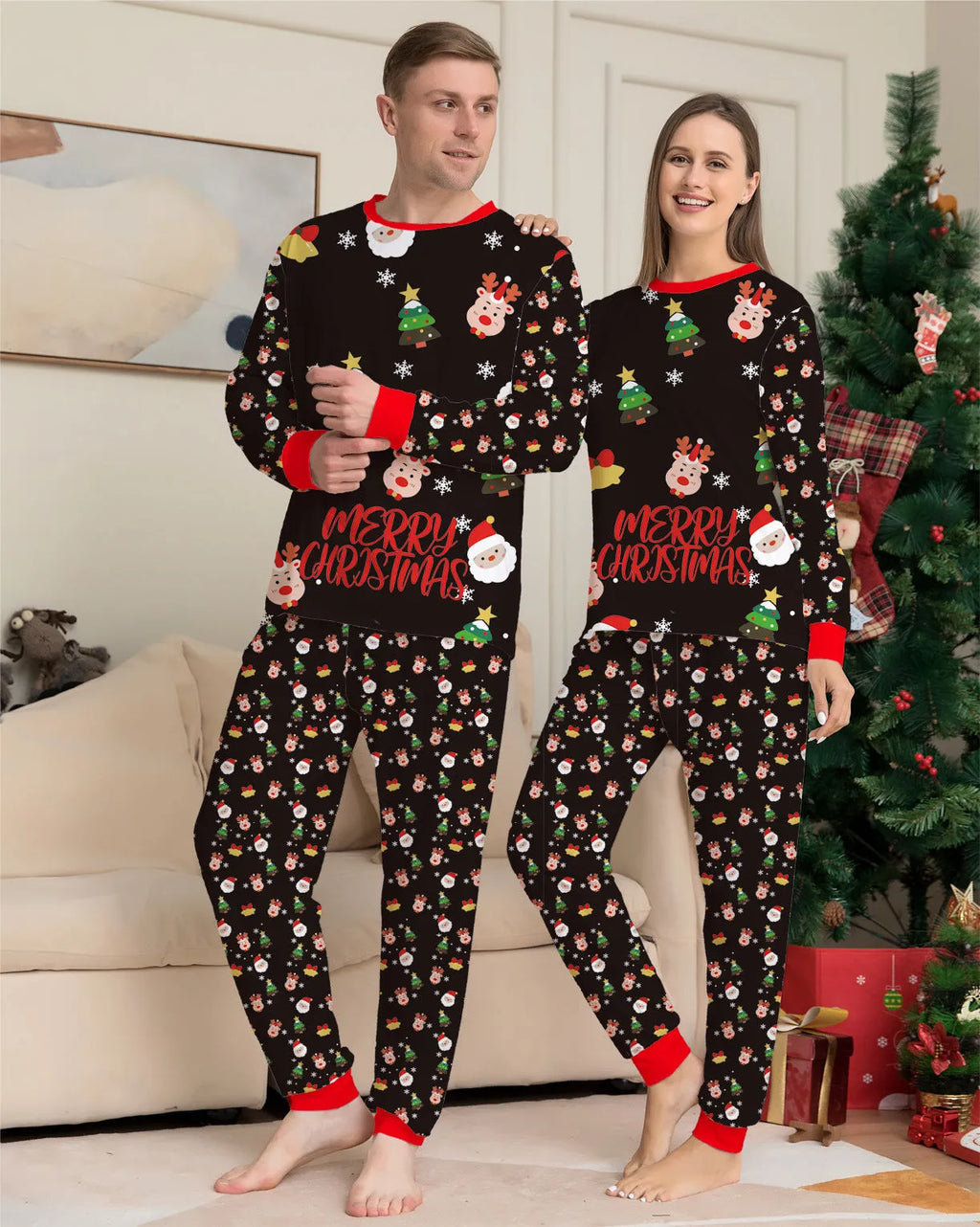 Family wearing matching red plaid Christmas pyjamas, including parents, children, baby, and dog.