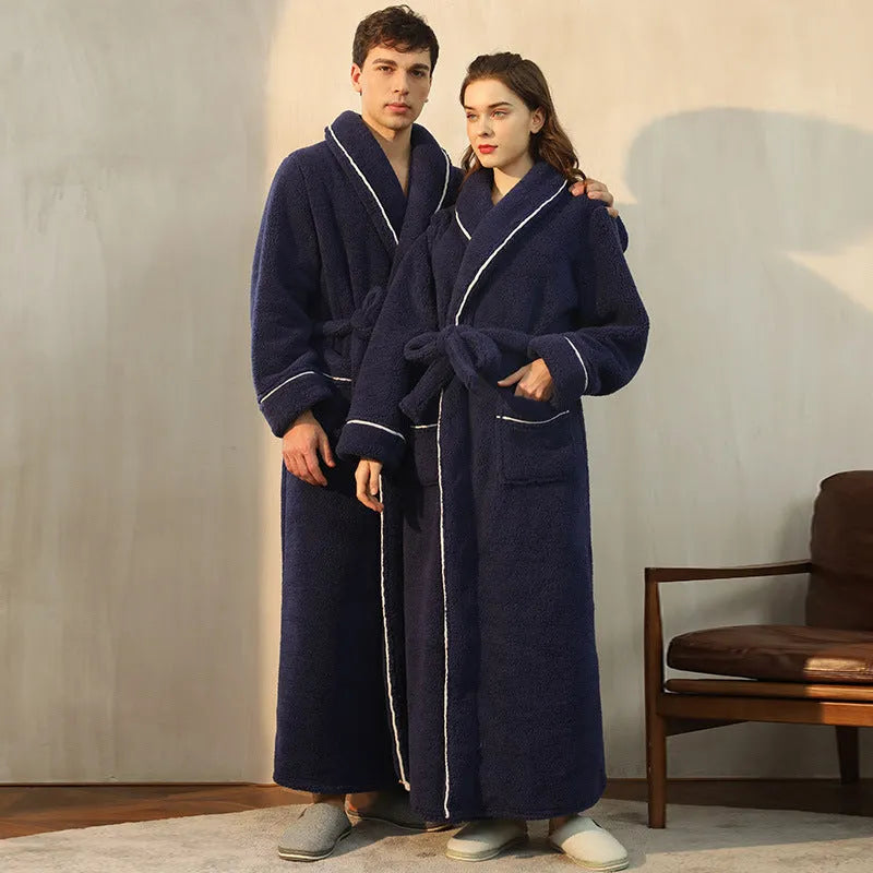 Super thick flannel winter bathrobe for a couple in red and grey, showing plus size fit.