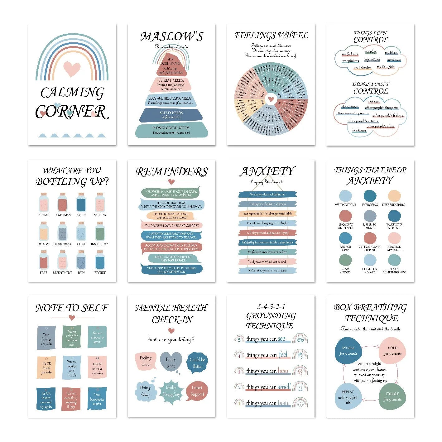 Set of 12 mental health posters on coated paper with bright film finish, each 255x355mm, with 60 glue dots