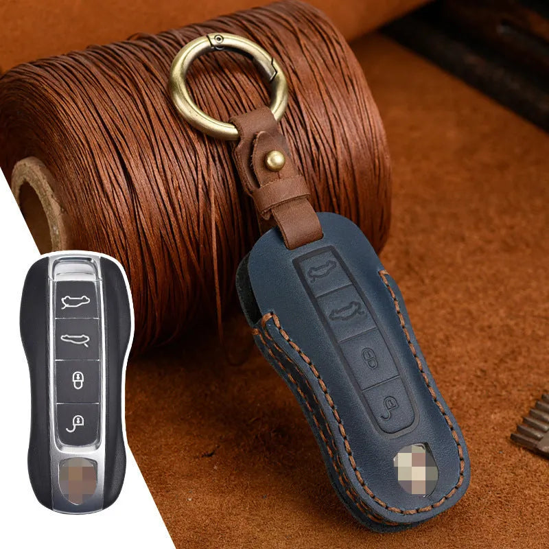 Authentic brown cowhide leather Porsche key cover with a retro metal bag buckle closure.