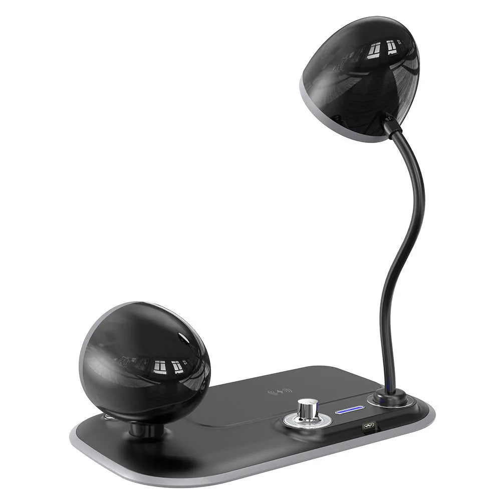 White three-in-one desk lamp with integrated clock display and wireless charging pad