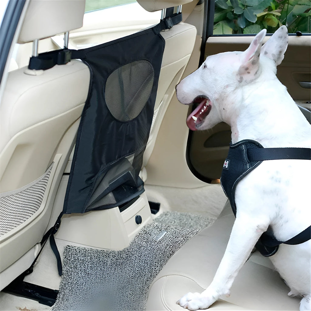 Pet car fence rear seat screen in black, made from nylon cloth and PVC net, 54x49cm size