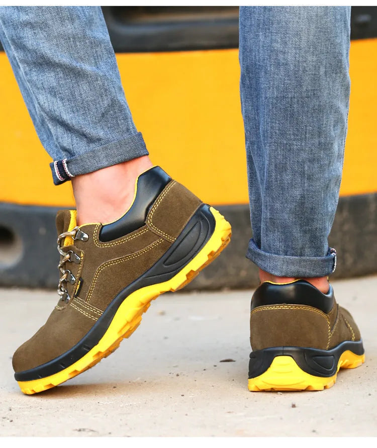 Bronze cow suede steel toe safety shoes with low-cut design and solid sole