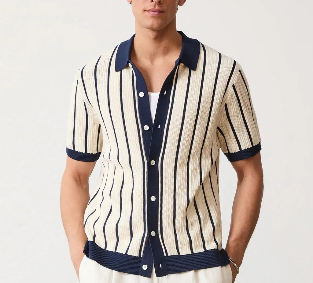 Men's white lapel knit top with asymmetric stripes on ice silk fabric