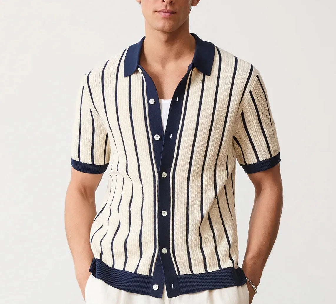 Men's white lapel knit top with asymmetric stripes on ice silk fabric