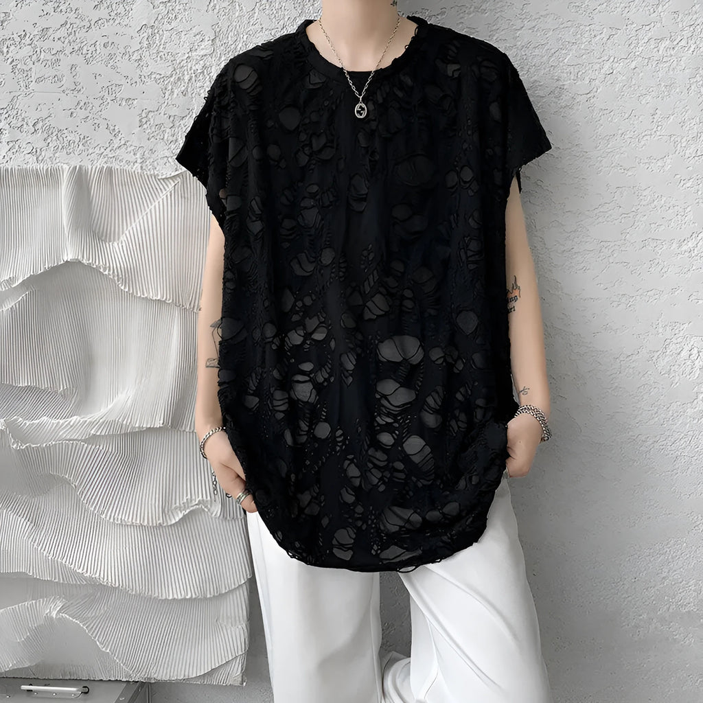 Black ripped beggar sleeveless wide shoulder vest loose pullover Japanese retro hole design polyester fibre top