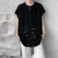 Black ripped beggar sleeveless wide shoulder vest loose pullover Japanese retro hole design polyester fibre top