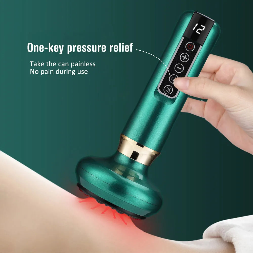 Green electric vacuum cupping massager device with USB charger on a white background