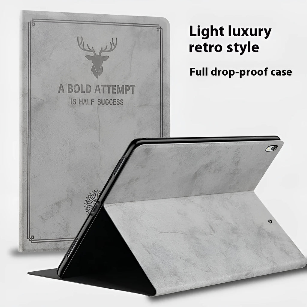 Black deer pattern TPU leather clamshell case for Apple iPad showing soft shell protection