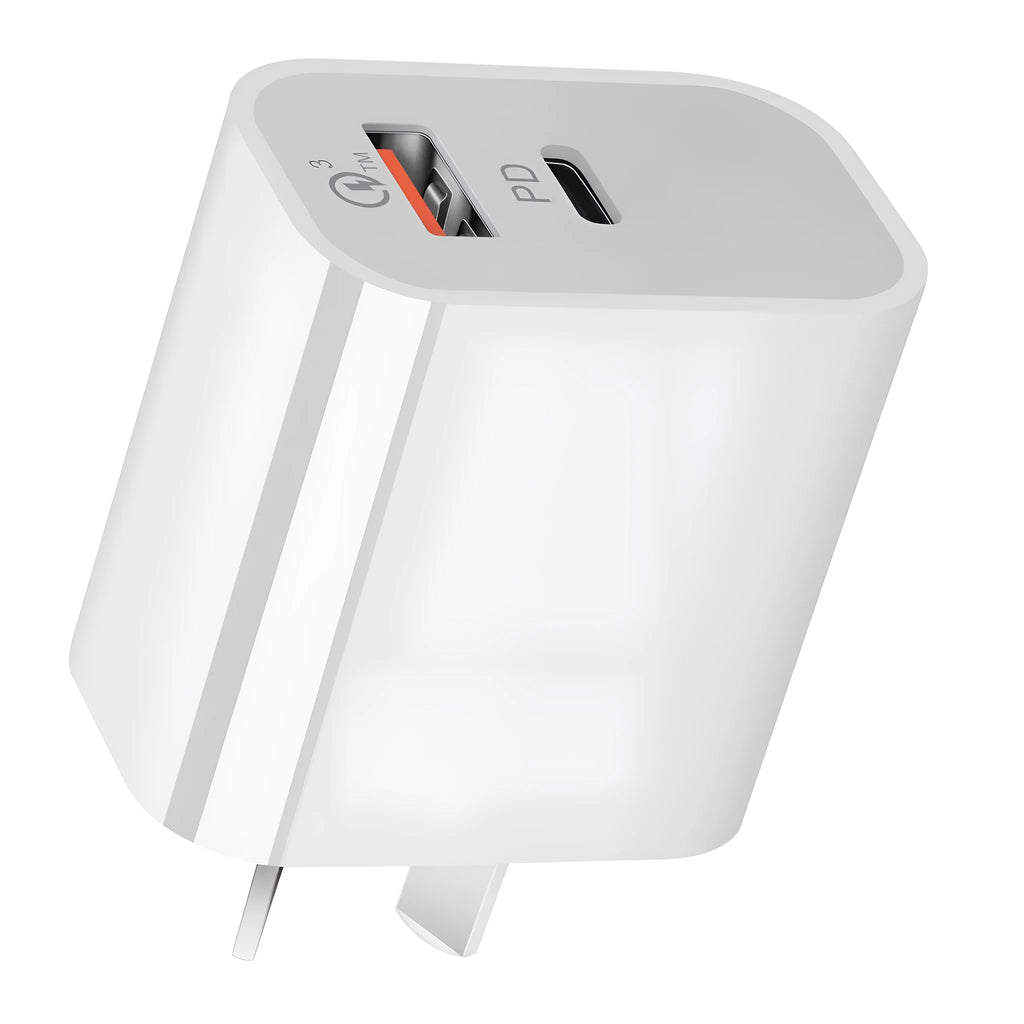 White dual port Australian standard charger with USB-A and USB-C ports, 63x40x22mm, SAA certified