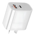 White dual port Australian standard charger with USB-A and USB-C ports, 63x40x22mm, SAA certified