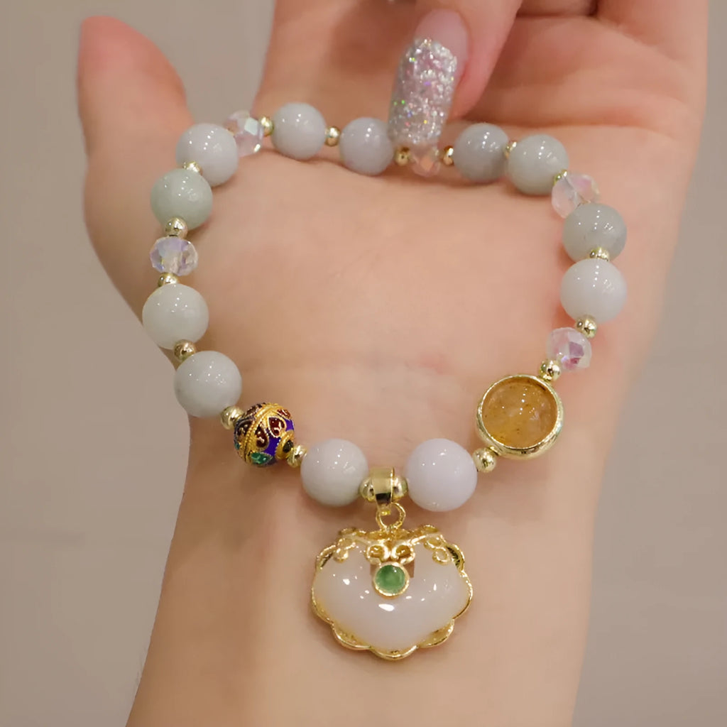 Women's jade geometric bracelet with metal ethnic decoration in Gray Jade and Strawberry Quartz