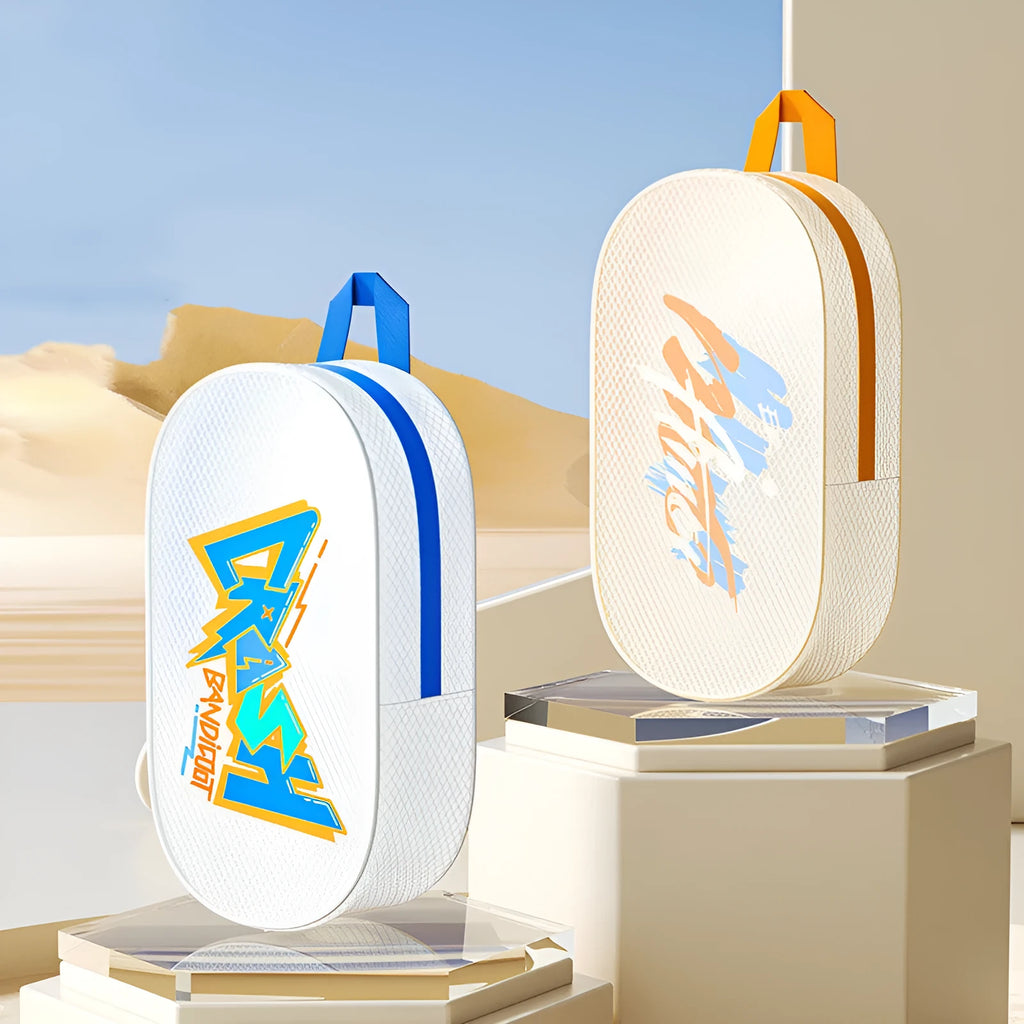 Orange and purple EVA waterproof swimming storage bags in small 3L and large 7L sizes.